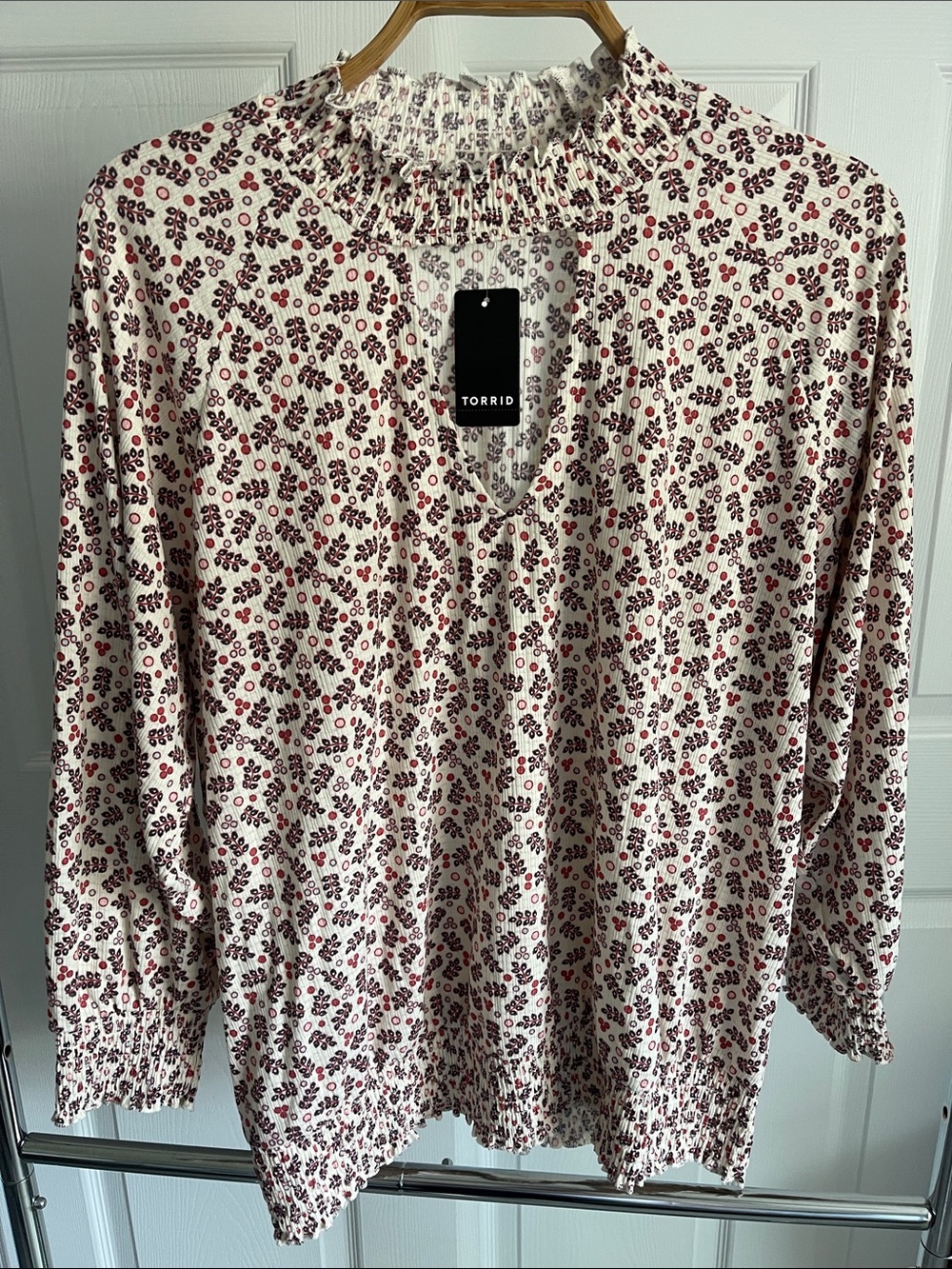 torrid Cream and Red Floral Smocked-Neck Long Sleeve Top